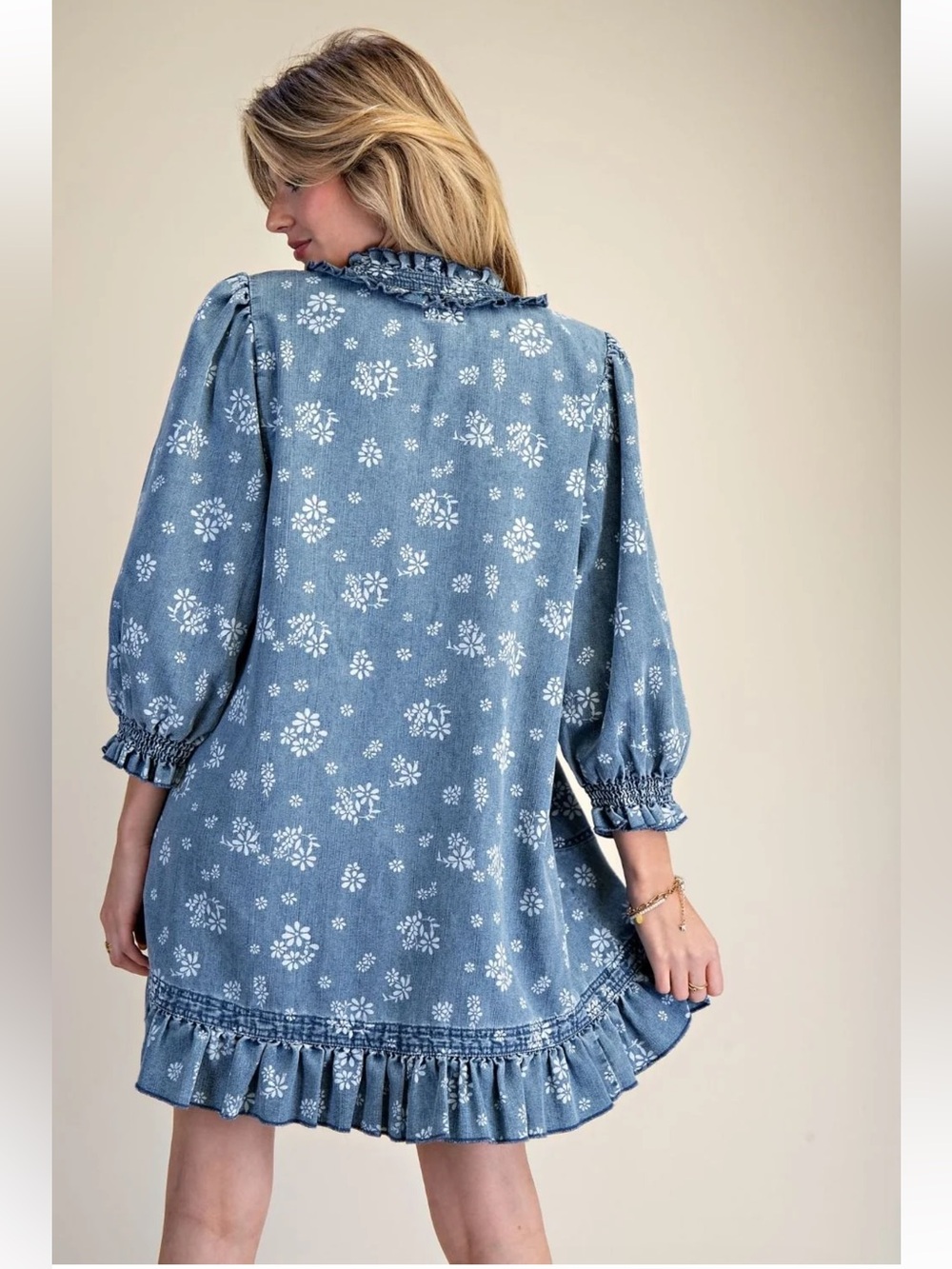 NWT EASEL FLORAL WASHED DENIM DRESS - Picture 2 of 11